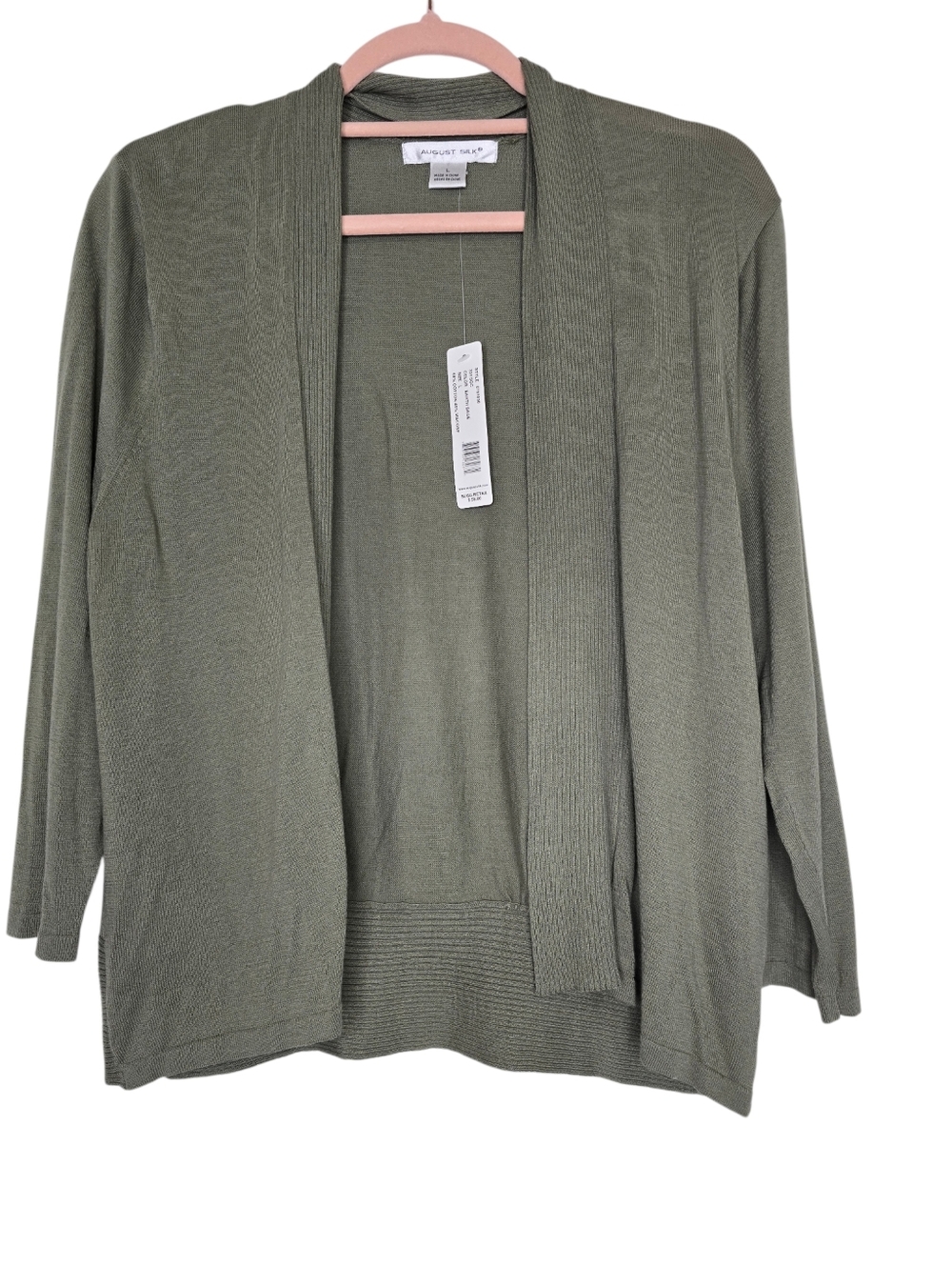 August Silk olive green open-front cardigan sweater